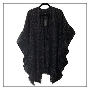 Black Ruffled Lurex Cozy Ruana Shawl Wrap